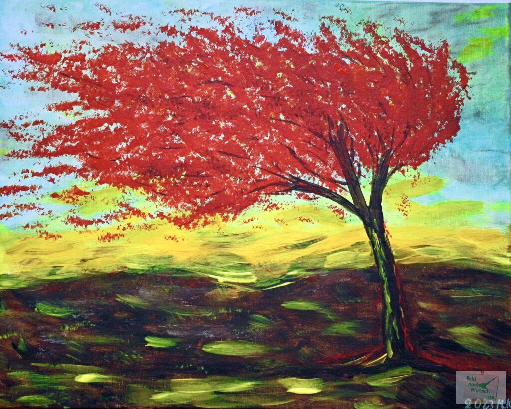 roter Baum im Sturm in Acryl auf Leinwand